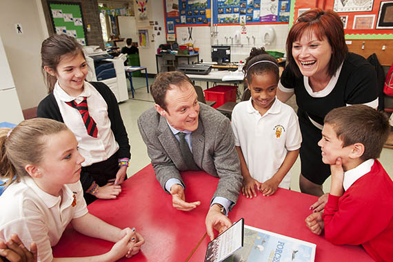 Sam Forsyth meets pupils at St Mark's Primary School in Edinburgh who have been inspired with the help of MOD Support Teacher, Helen-Marie Tuiwaiwai, to express their feelings and have their voices heard about life as an Armed Forces child. L to R, Charlene Maitland (P7), Molly Rufus (P7), Sam Forsyth, Irena Roan (P4), Helen-Marie Tuiwaiwai (MOD Support Teacher) and Eroni Taoi (P6)